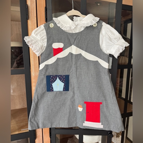 Vintage 80s toddler dress chocolate soup appliqué embroidered house shift jumper - Picture 1 of 15